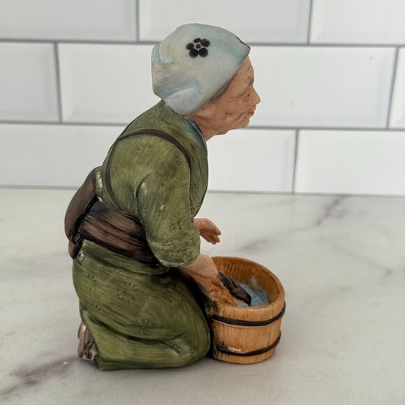 Vintage Hand-Painted Ceramic Figurine Of Woman Washing Clothes In Wooden Tub - Picture 4 of 5